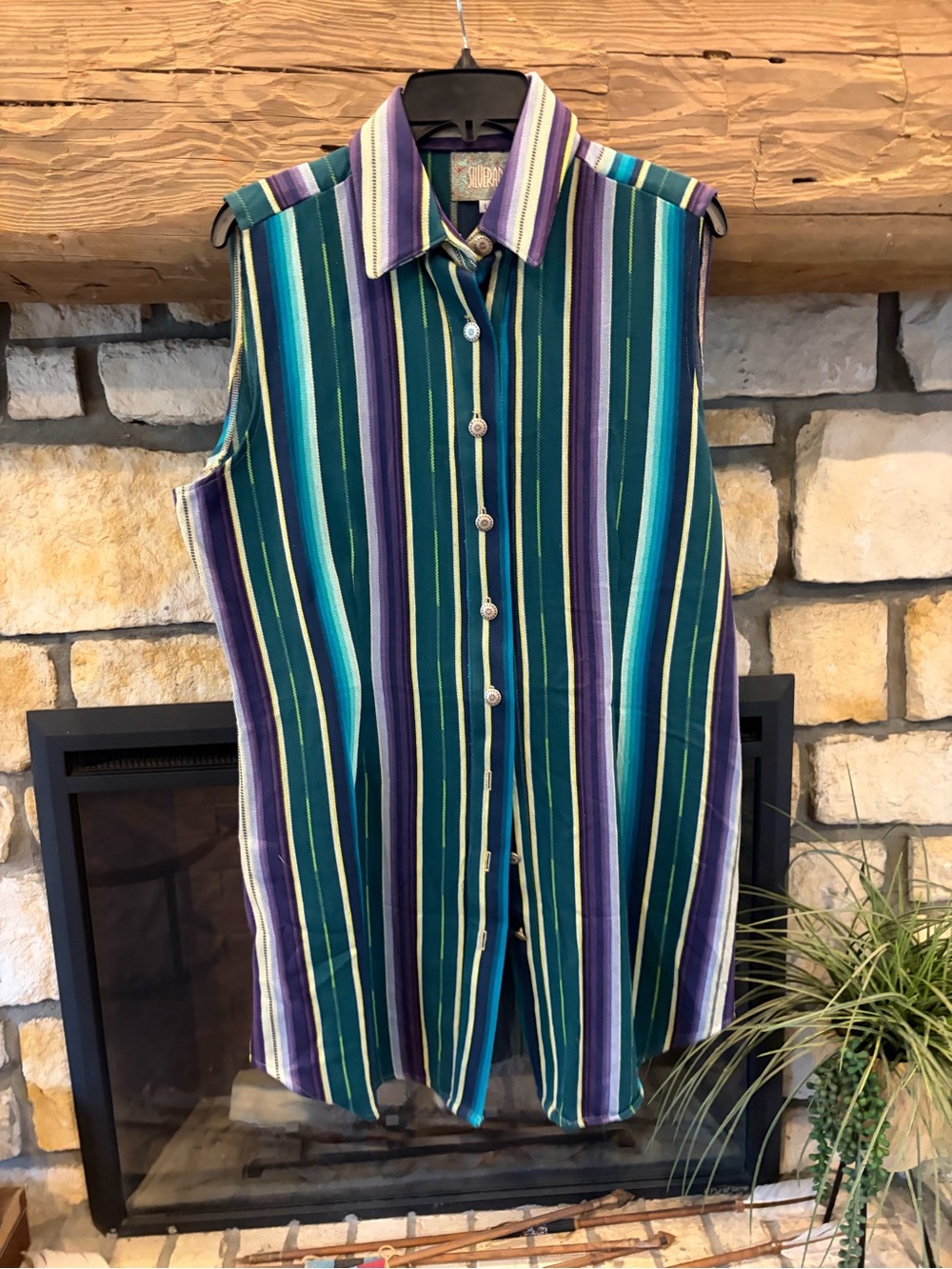 Silverado Womens Sleeveless Button-Up Shirt dress Teal & Purple Stripes